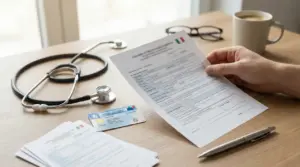 Mano che tiene un modulo sanitario con tessera sanitaria, stetoscopio e penna su un tavolo