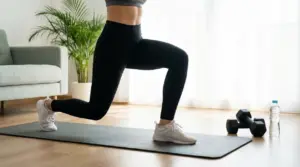 Persona che esegue un affondo su tappetino da fitness in un ambiente domestico