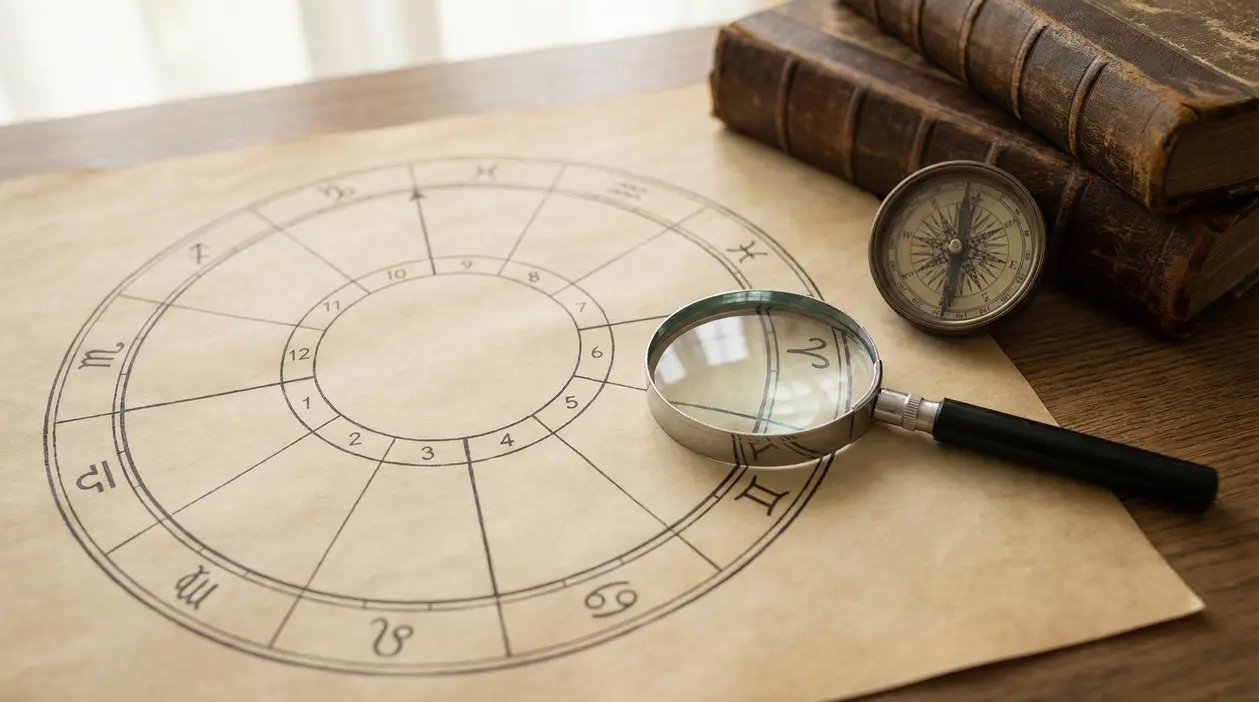 Carta astrologica con lente d'ingrandimento, bussola e libri antichi su un tavolo