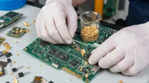 Mani con guanti che raccolgono scaglie d’oro da una scheda elettronica con becher su banco di lavoro