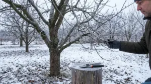Persona osserva i rami di un albero coperto di neve in un frutteto invernale