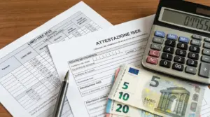 Documenti ISEE su una scrivania con calcolatrice, penna e banconote in euro, per il calcolo delle fasce e dei bonus