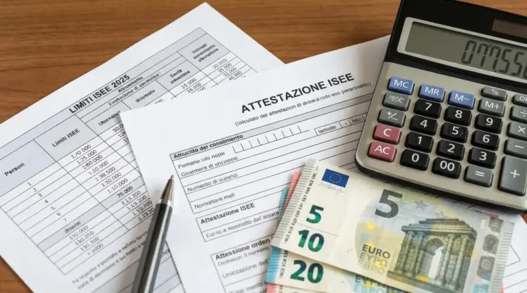 Documenti ISEE su una scrivania con calcolatrice, penna e banconote in euro, per il calcolo delle fasce e dei bonus
