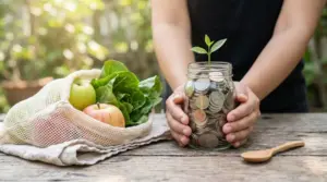 Persona con barattolo di monete e piantina, accanto a sacchetto riutilizzabile con mele e verdure su tavolo