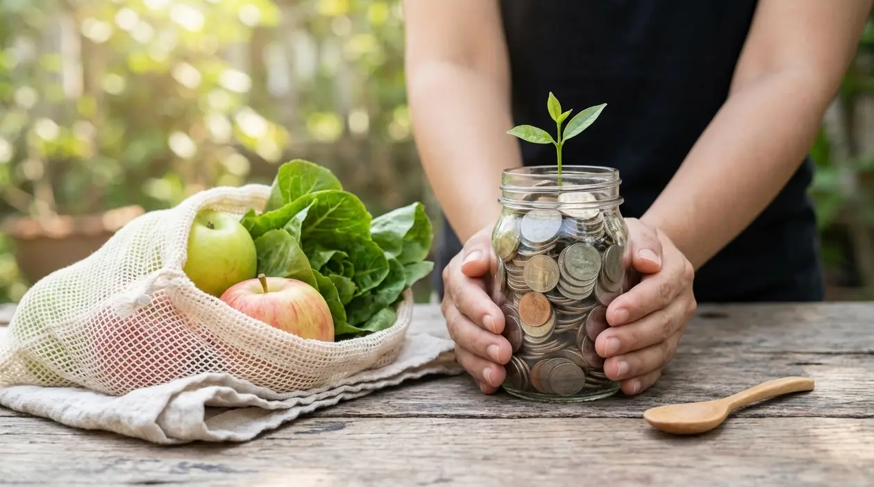 Persona con barattolo di monete e piantina, accanto a sacchetto riutilizzabile con mele e verdure su tavolo