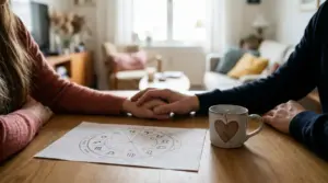 Due persone si tengono per mano vicino a un grafico zodiacale su un tavolo.