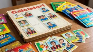 Album Panini dei calciatori con figurine vintage e bustine colorate su un tavolo di legno