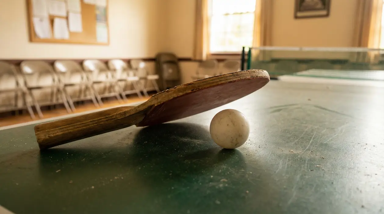 Una racchetta da ping pong usurata poggiata su un tavolo con una pallina bianca
