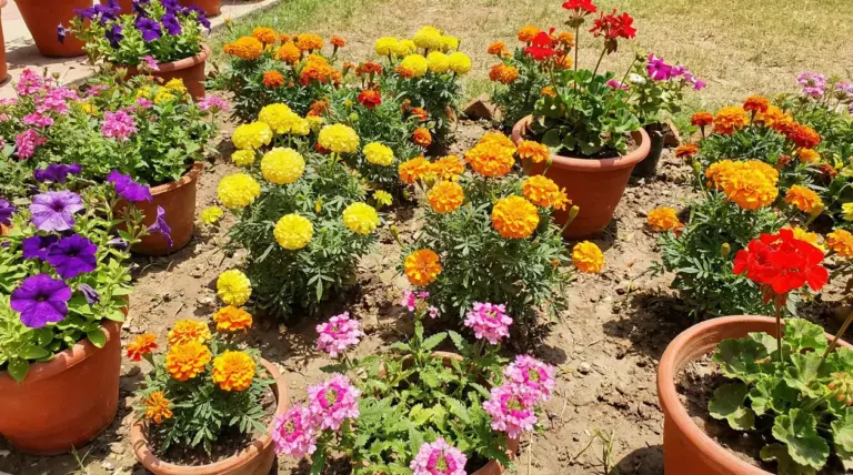 Vasi con fiori colorati resistenti al sole piantati in un giardino soleggiato