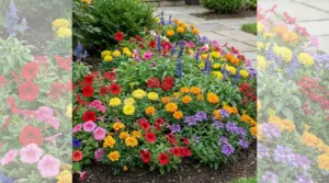 Aiuola con fiori colorati resistenti tra cui petunie, tagete e salvia farinacea