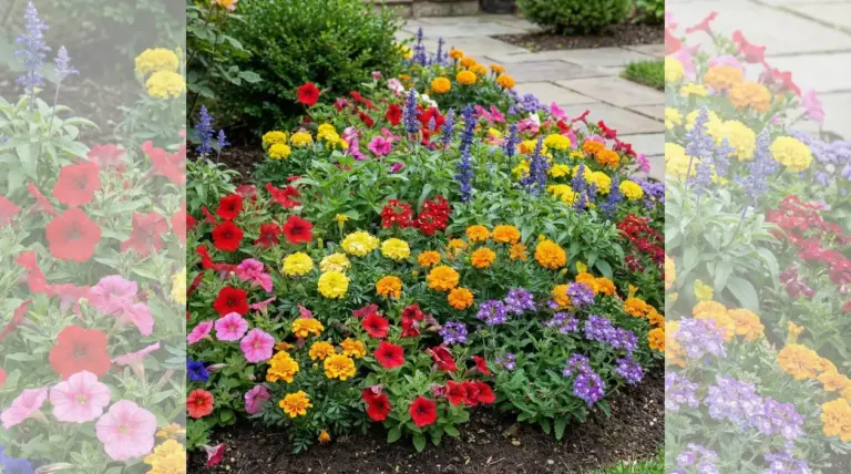 Aiuola con fiori colorati resistenti tra cui petunie, tagete e salvia farinacea