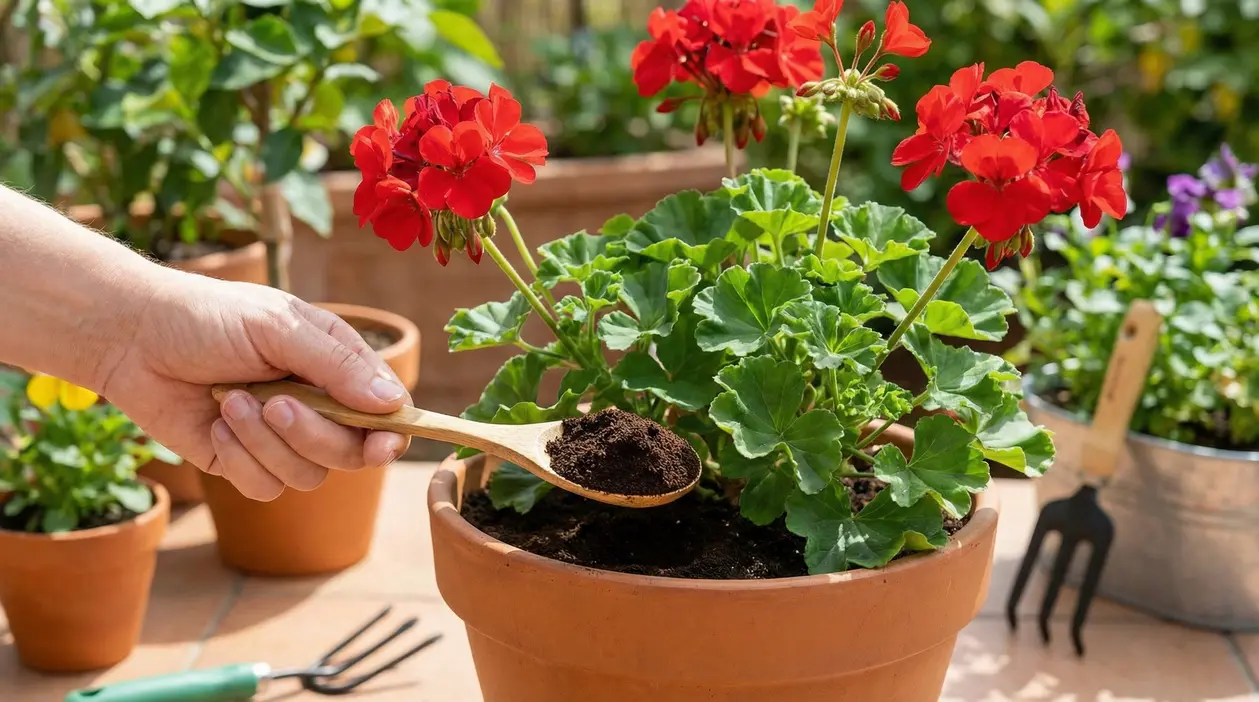 Una mano aggiunge del fondo di caffè al vaso con gerani in fiore