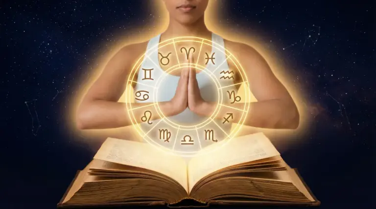 Persona in meditazione con simboli zodiacali sovrapposti e un libro aperto davanti