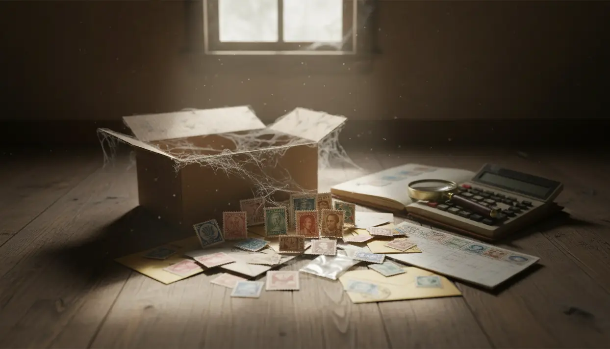 Francobolli sparsi vicino a una scatola impolverata su un pavimento in legno