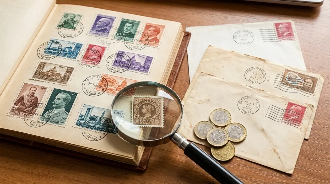 Album di francobolli e buste d’epoca con lente d’ingrandimento e monete su un tavolo