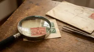 Lente d’ingrandimento su francobolli d’epoca su una busta, con pinzette su tavolo in legno