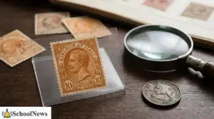 Francobollo Regno d’Italia da 10 centesimi su supporto trasparente con lente d’ingrandimento e altri francobolli sul tavolo