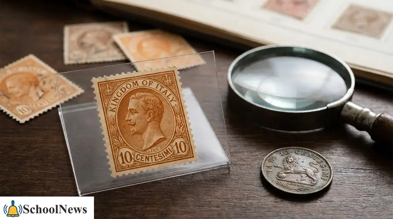 Francobollo Regno d’Italia da 10 centesimi su supporto trasparente con lente d’ingrandimento e altri francobolli sul tavolo