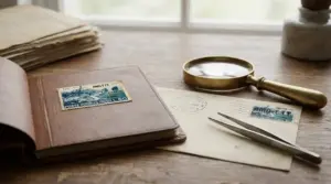 Francobollo Trieste AMG-FTT su album e busta da collezione, con lente d’ingrandimento e pinzette su tavolo in legno