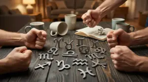 Mani chiuse a pugno su un tavolo con simboli dei segni zodiacali in metallo