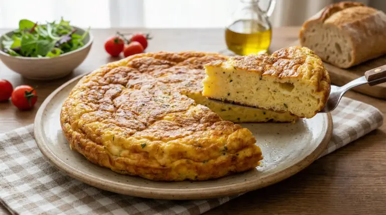 Frittata alta e soffice su un piatto, con una fetta sollevata su una forchetta