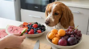 Cane osserva ciotole piene di frutta fresca su un piano cucina