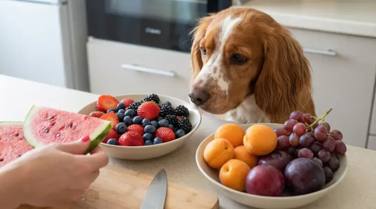 Cane osserva ciotole piene di frutta fresca su un piano cucina