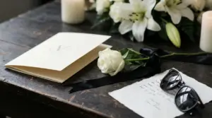 Rosa bianca, occhiali da sole e programma funebre su un tavolo scuro con fiori e candele