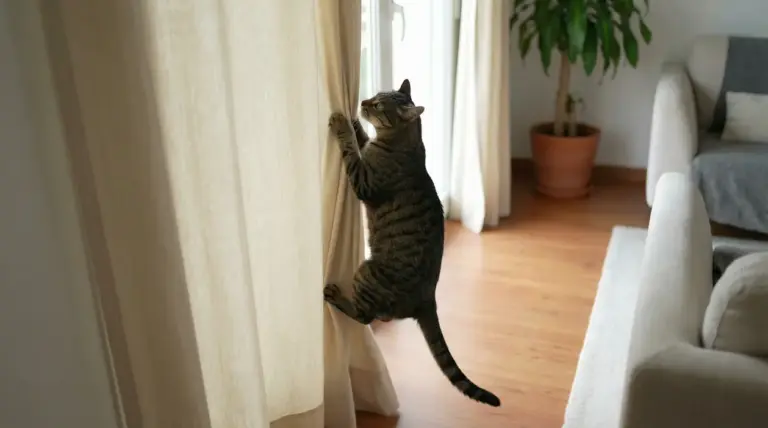 Gatto tigrato che si arrampica su una tenda in un soggiorno luminoso