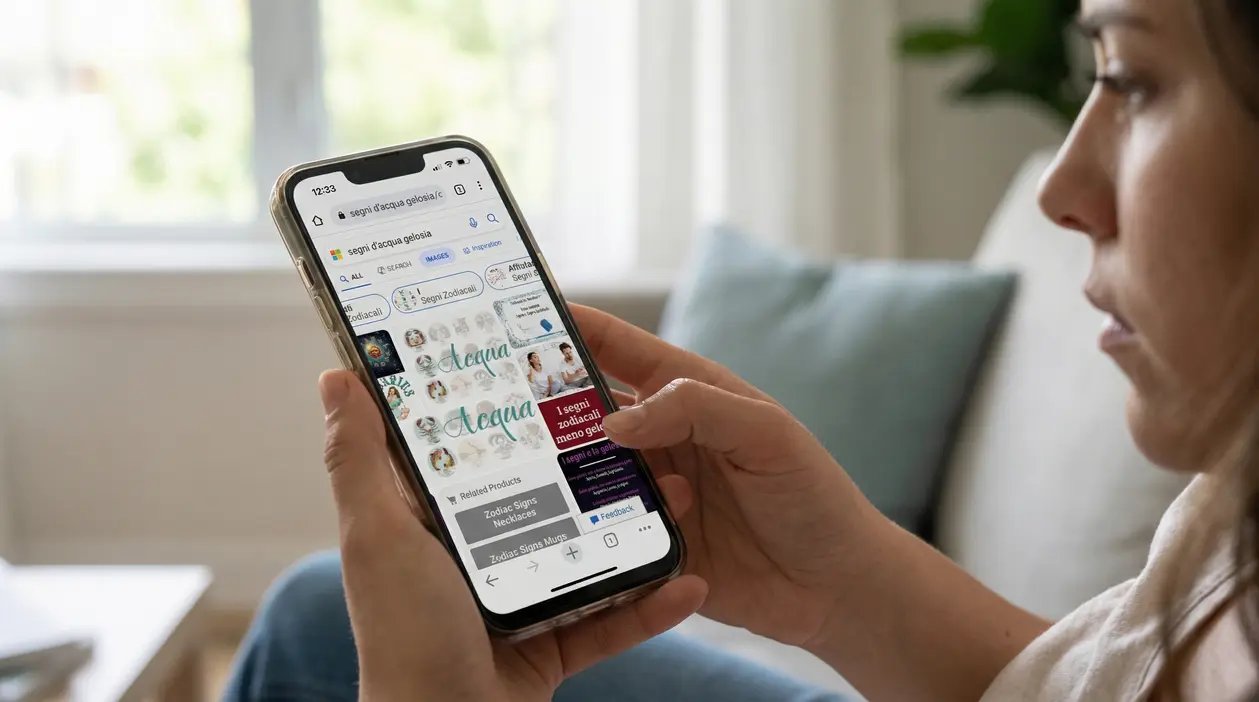 Persona che cerca informazioni sulla gelosia dei segni d’acqua con uno smartphone