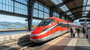 Treno ad alta velocità in stazione con viaggiatori che camminano lungo il binario