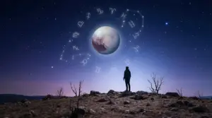 Persona osserva Plutone nel cielo notturno circondato dai segni zodiacali