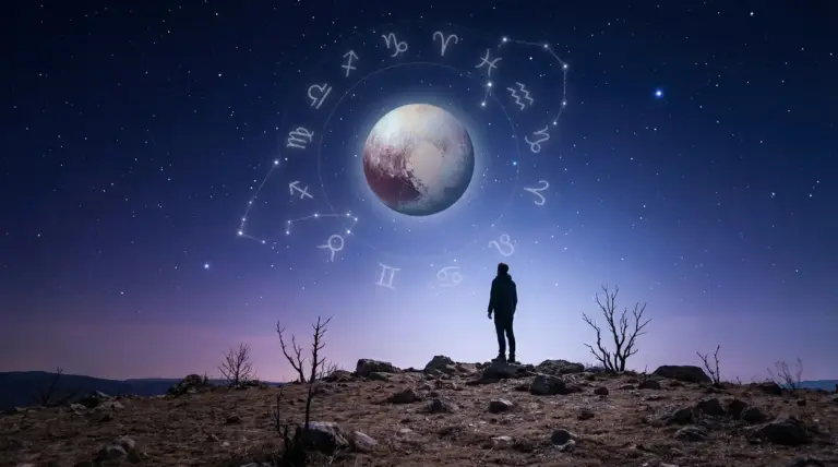Persona osserva Plutone nel cielo notturno circondato dai segni zodiacali