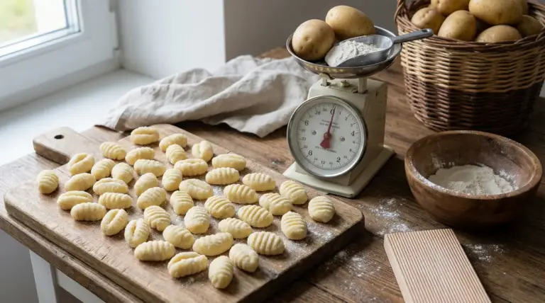 Gnocchi di patate fatti in casa su un tagliere con bilancia, farina e patate sullo sfondo