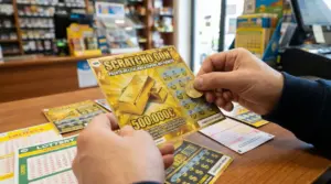 Persona gratta un biglietto Gratta e Vinci in una ricevitoria