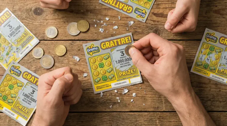 Mani di persone grattano biglietti Gratta e Vinci su un tavolo di legno con monete sparse