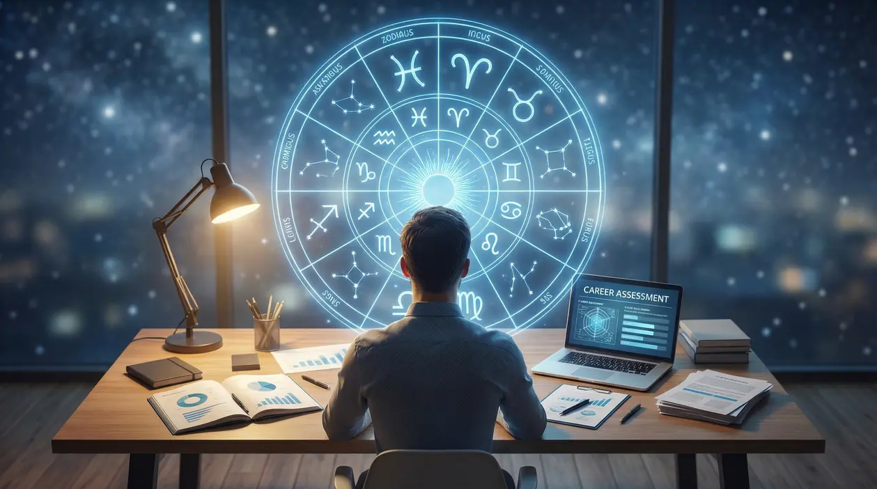 Persona seduta a una scrivania che osserva un grande schema zodiacale su uno schermo.