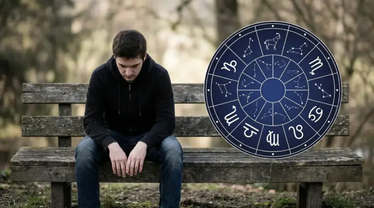 Persona seduta su una panchina accanto a un cerchio zodiacale in un contesto naturale