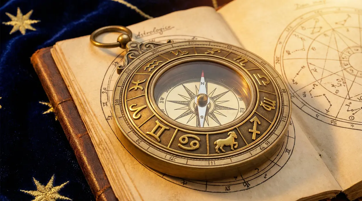 Una bussola dorata con simboli zodiacali poggiata su un libro di astrologia