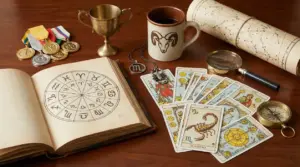 Oggetti legati all'astrologia e allo zodiaco su un tavolo, inclusi medaglie, tarocchi e una ruota zodiacale.