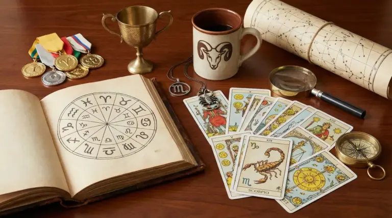 Oggetti legati all'astrologia e allo zodiaco su un tavolo, inclusi medaglie, tarocchi e una ruota zodiacale.