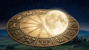 Luna piena sopra una ruota astrologica con i segni zodiacali sotto un cielo stellato