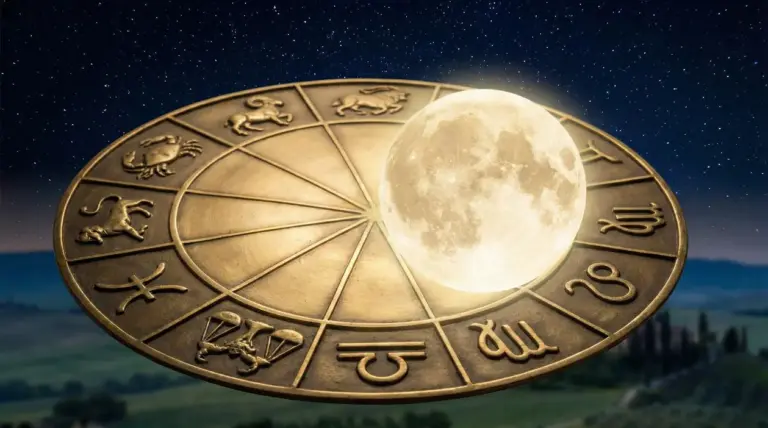 Luna piena sopra una ruota astrologica con i segni zodiacali sotto un cielo stellato