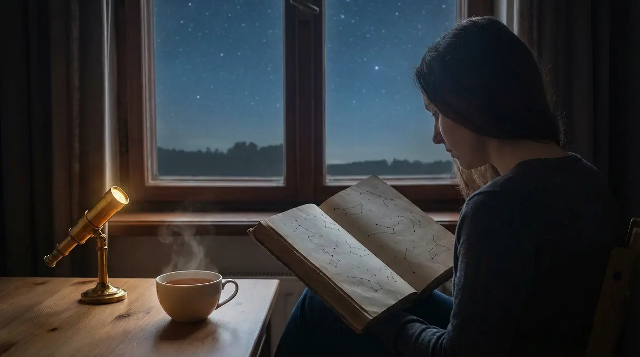 Persona che legge un libro di costellazioni vicino a una finestra di notte