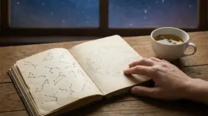 Una mano sfoglia un libro con costellazioni e simboli zodiacali accanto a una tazza di tè