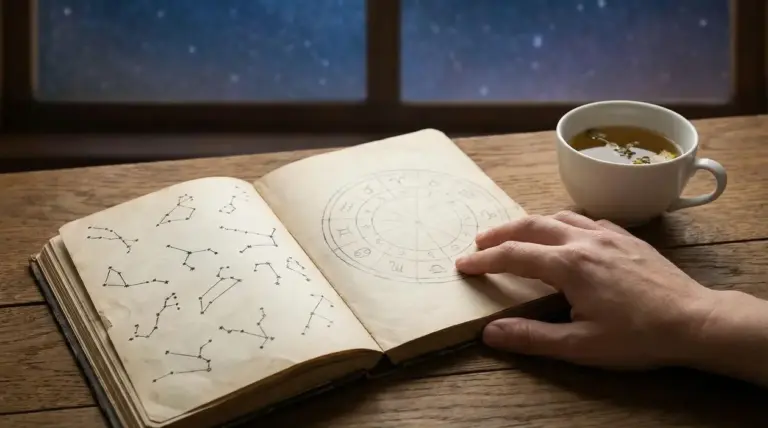 Una mano sfoglia un libro con costellazioni e simboli zodiacali accanto a una tazza di tè