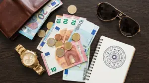 Soldi in euro, un orologio dorato, portafoglio, occhiali da sole e taccuino con segni zodiacali su un tavolo