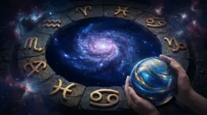 Mani che tengono una sfera blu davanti a un cerchio di simboli zodiacali nello spazio