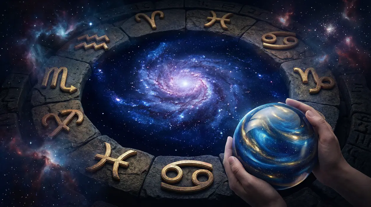 Mani che tengono una sfera blu davanti a un cerchio di simboli zodiacali nello spazio