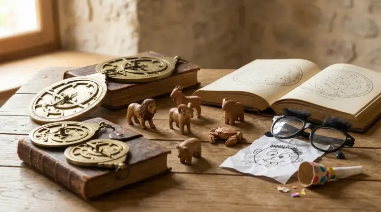 Oggetti astrologici con statuine zodiacali, occhiali buffi, disegno e libro aperto su un tavolo di legno
